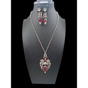 ART Jewelry Set Red Black Rhinestones Faux Pearl 22" Necklace & CIip On Earrings